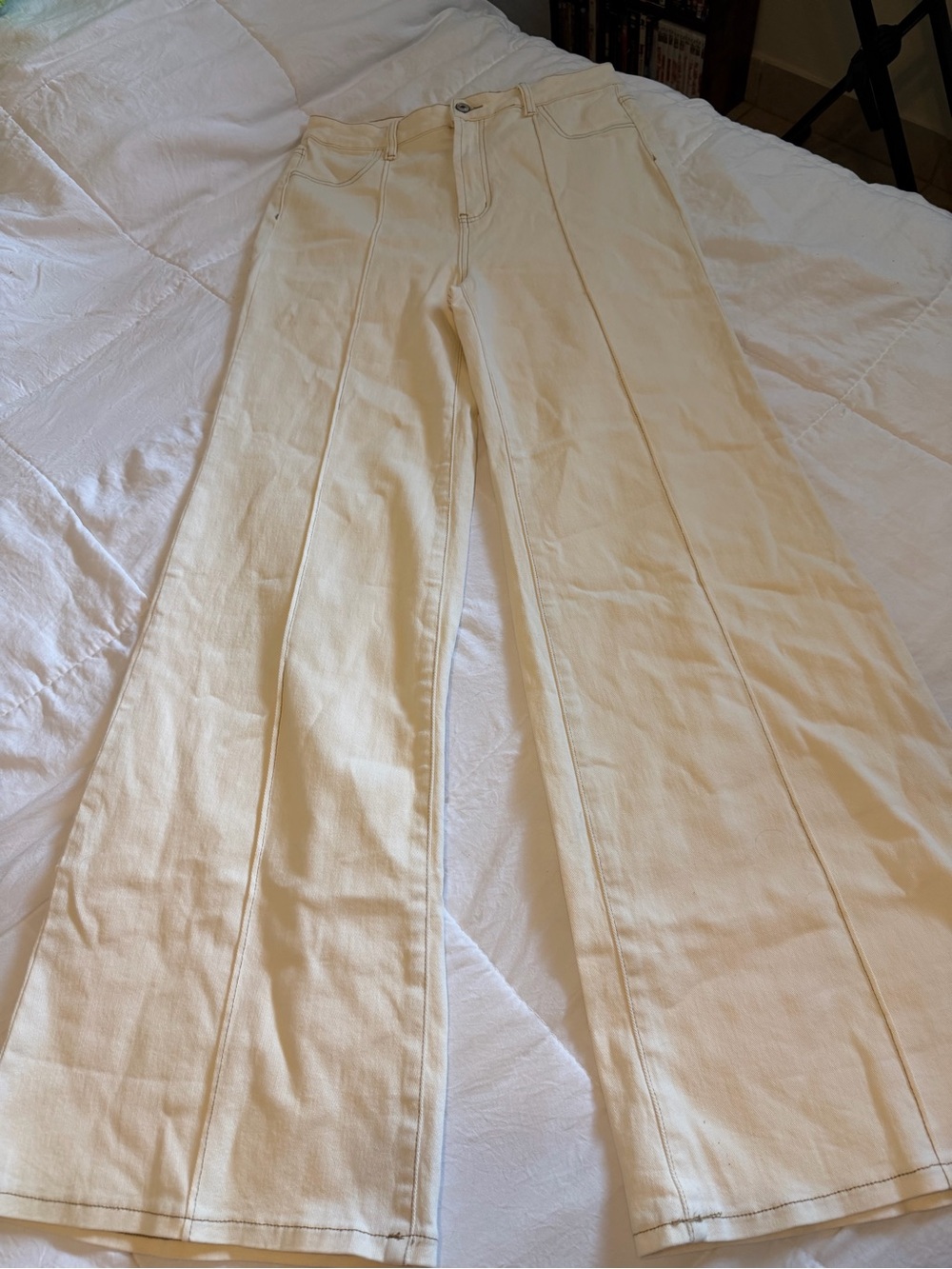 Cream High-Rise Wide-Leg Jeans with Front Seams